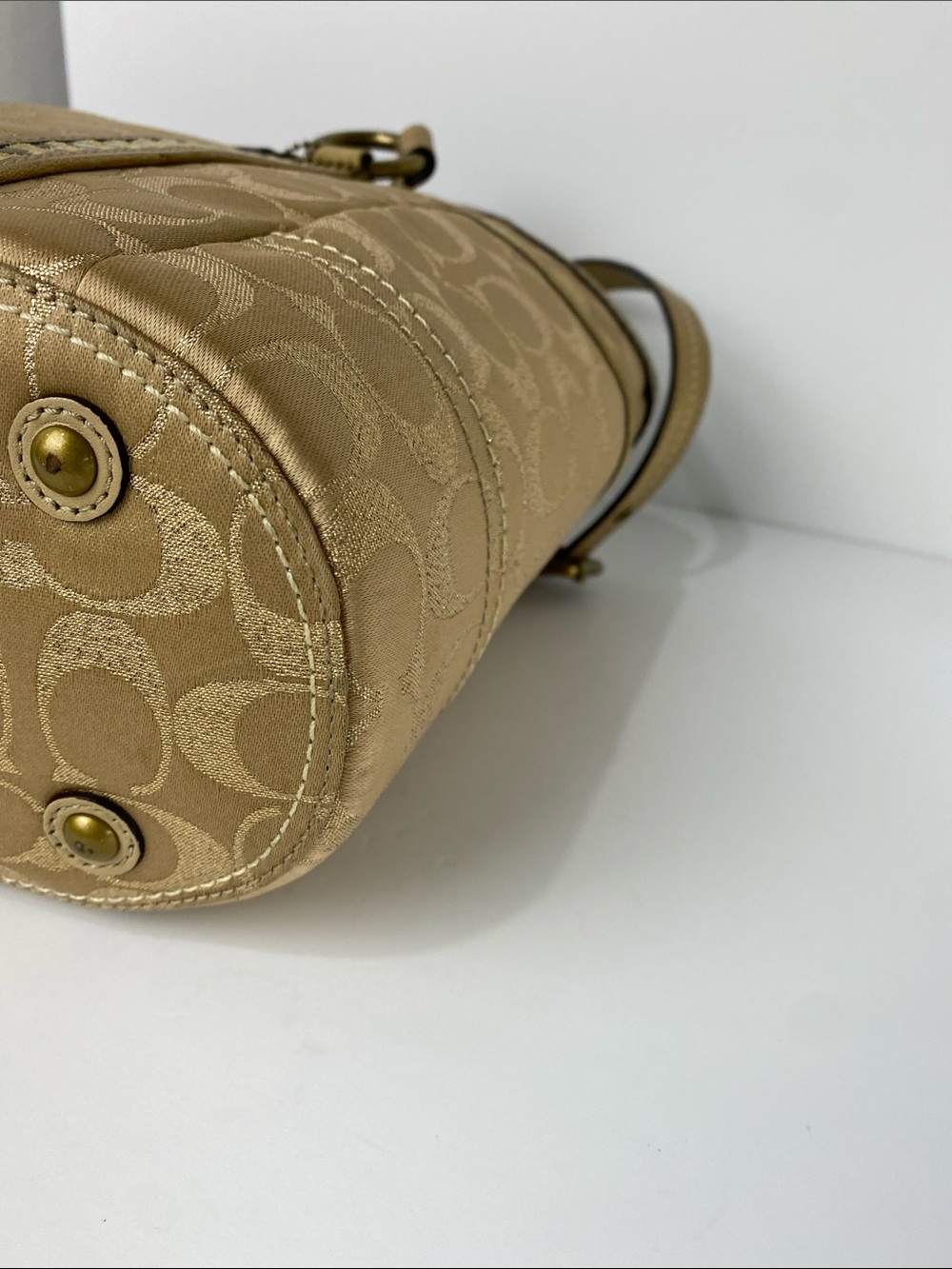 Coach Studded Signature Jacquard Gold Metallic Signature Tote with Suede Trim - Picture 10 of 17